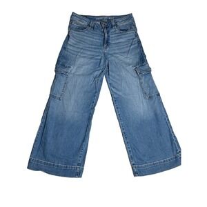 American Eagle Jeans Womens 8 Blue Super High Rise Baggy Wide Leg Stretch Cargo